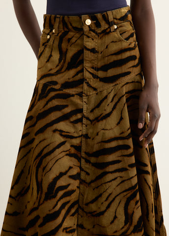 Printed Flock Denim Long Skirt