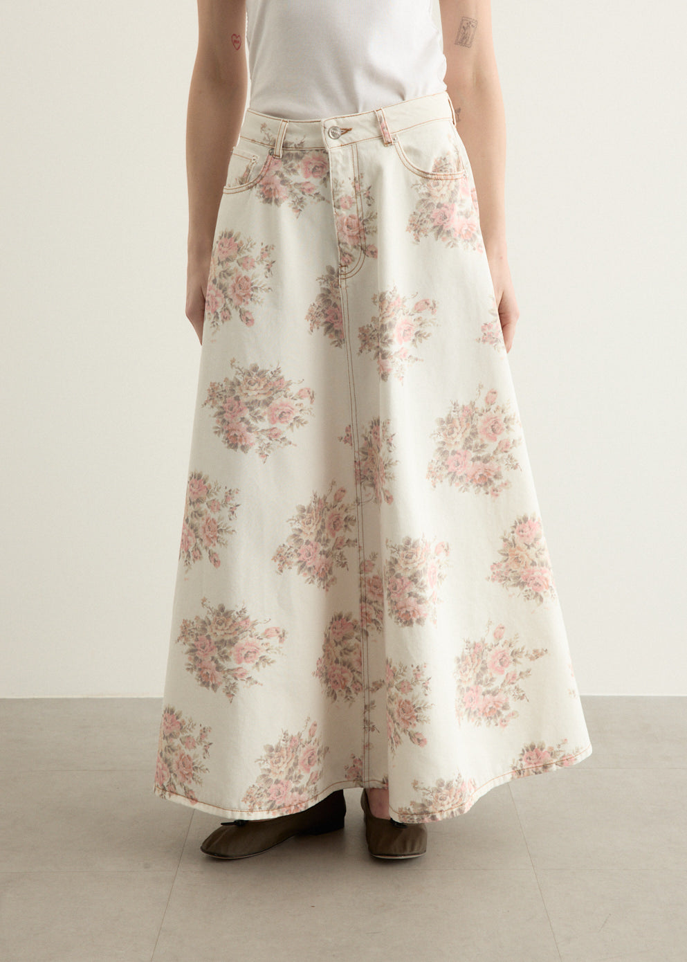 Print Denim Maxi Skirt