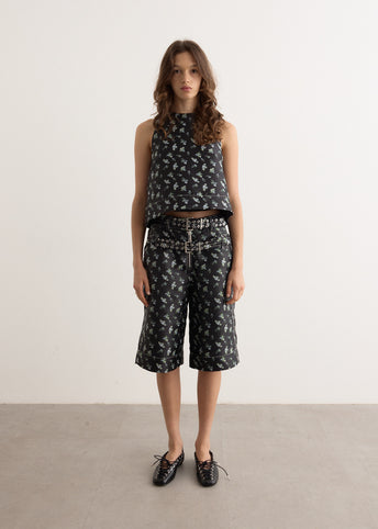 Floral Jacquard Sleeveless Open Neck Top