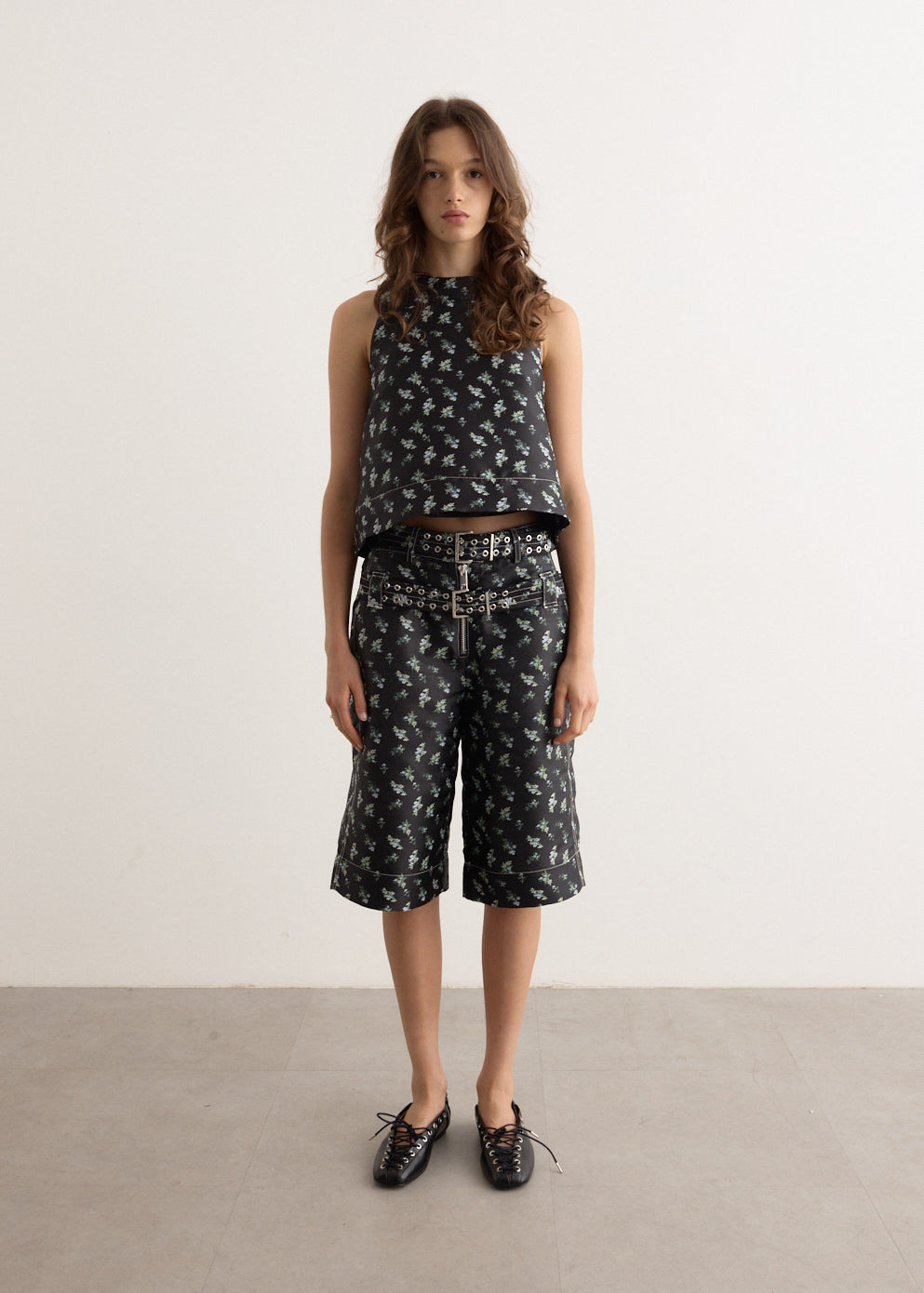 Floral Jacquard Sleeveless Open Neck Top