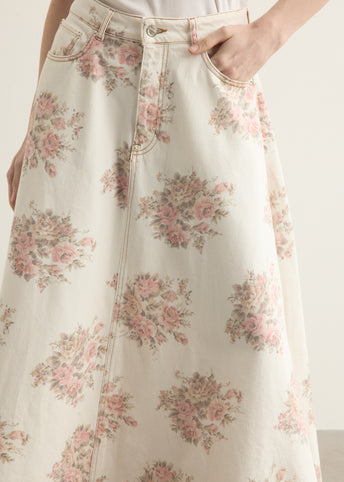 Print Denim Maxi Skirt