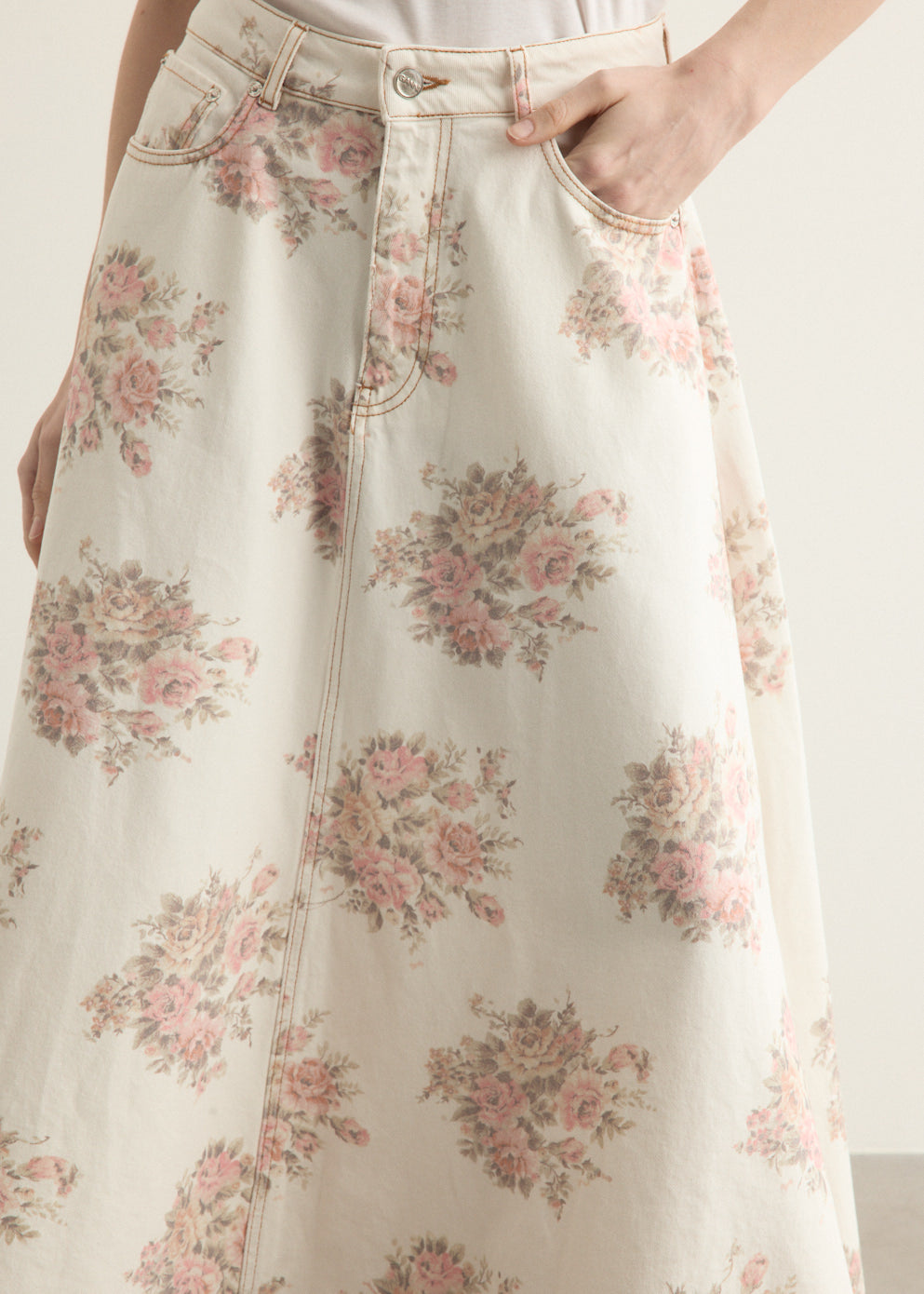 Print Denim Maxi Skirt