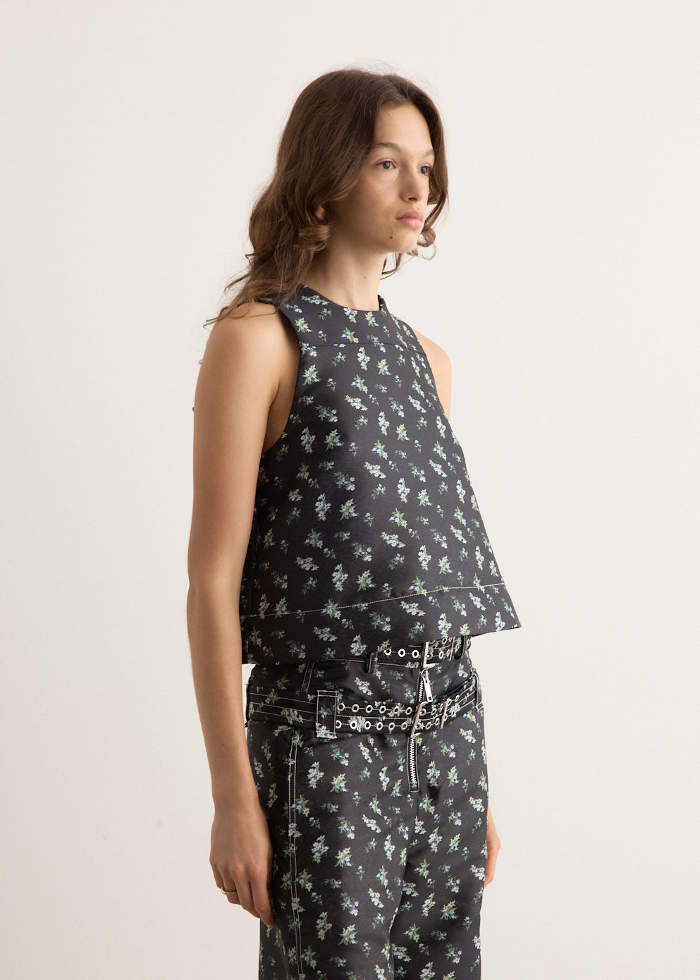Floral Jacquard Sleeveless Open Neck Top