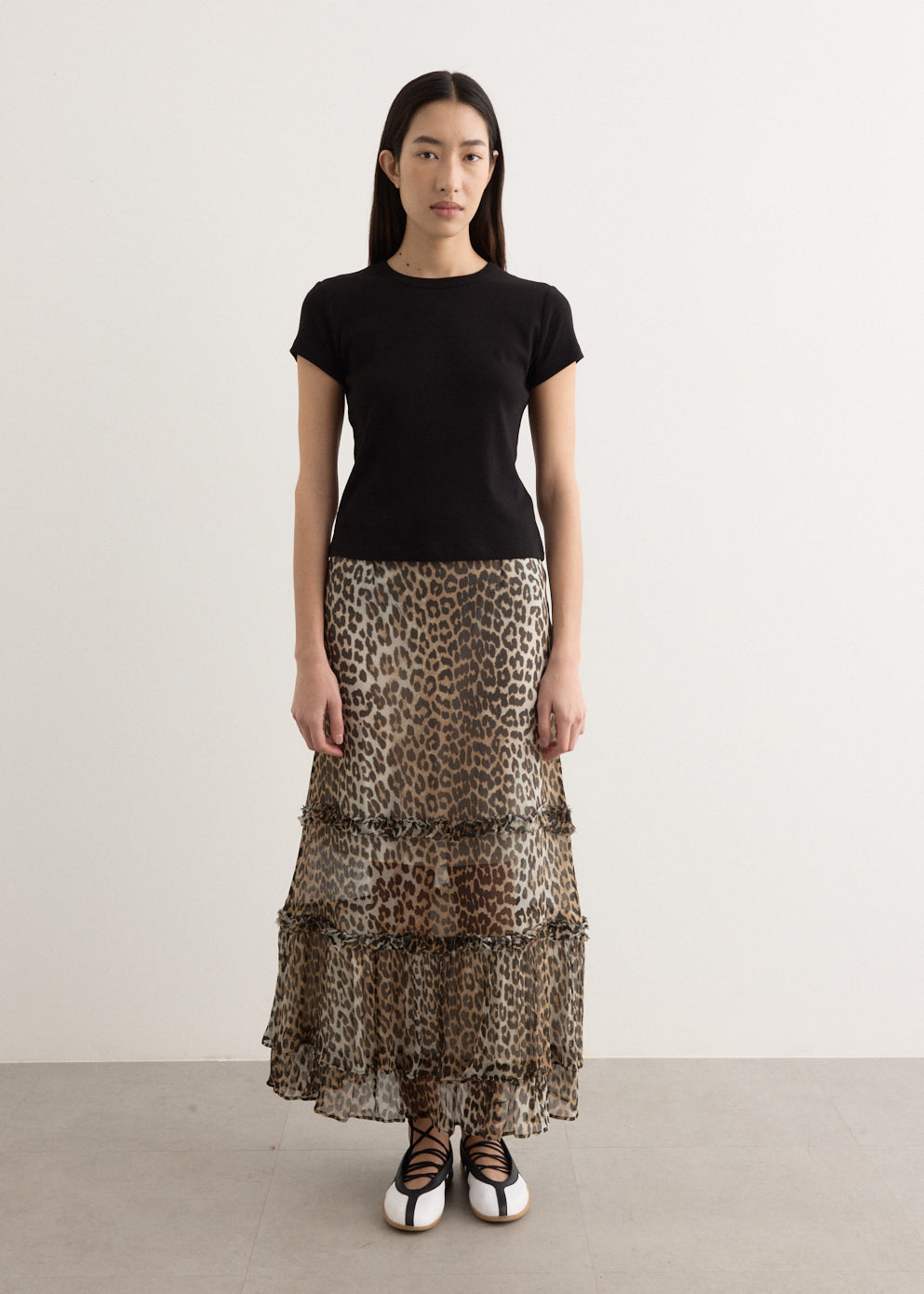 Printed Viscose Chiffon Long Ruffle Skirt