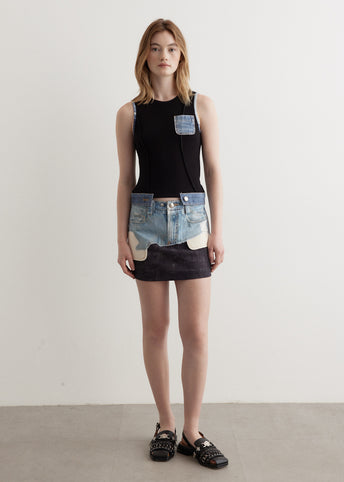 Faux-Denim Leather Printed Mini Skirt