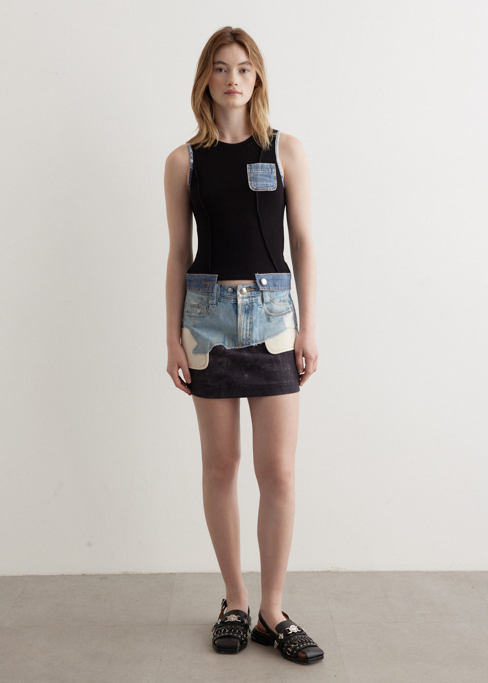 Faux-Denim Leather Printed Mini Skirt