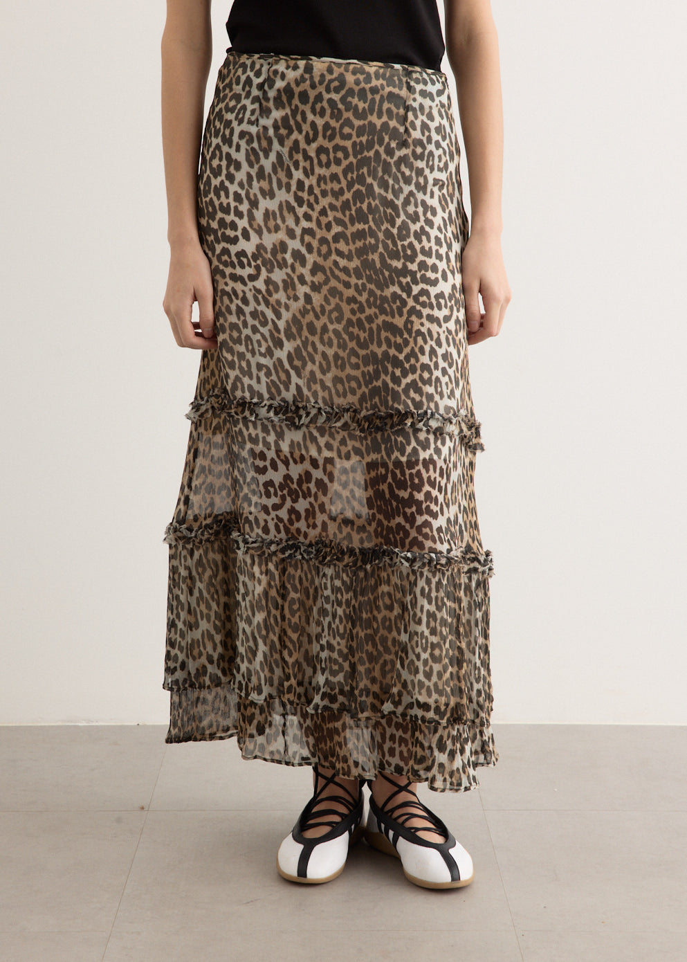 Printed Viscose Chiffon Long Ruffle Skirt