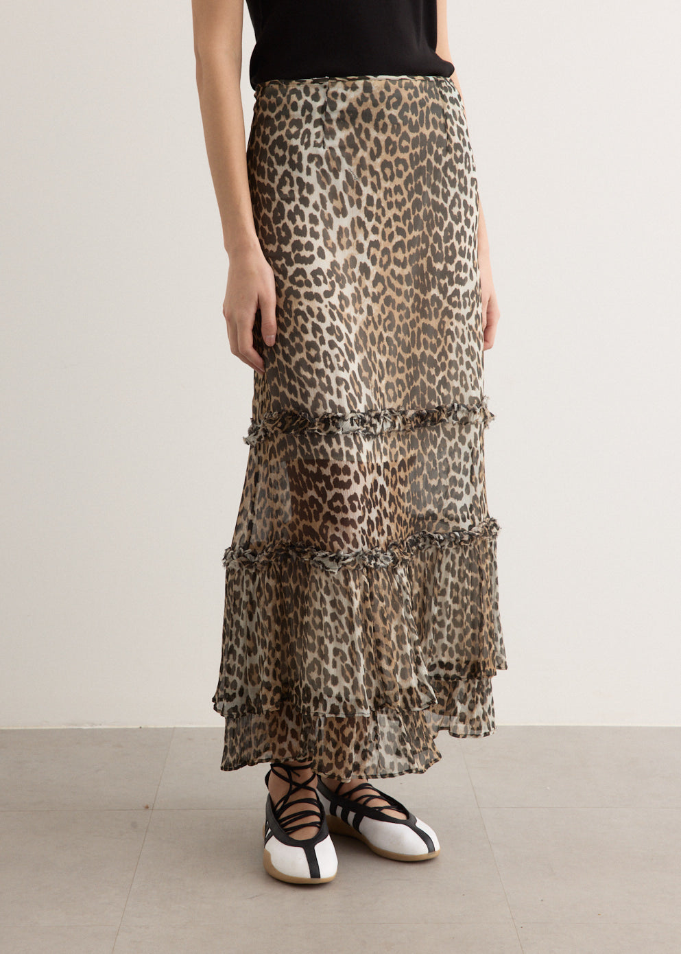 Printed Viscose Chiffon Long Ruffle Skirt