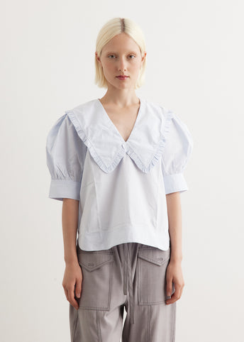 Cotton Poplin V-neck Ruffle Blouse