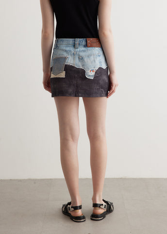 Faux-Denim Leather Printed Mini Skirt