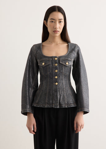 Shimmery Foil Denim Fitted Blazer