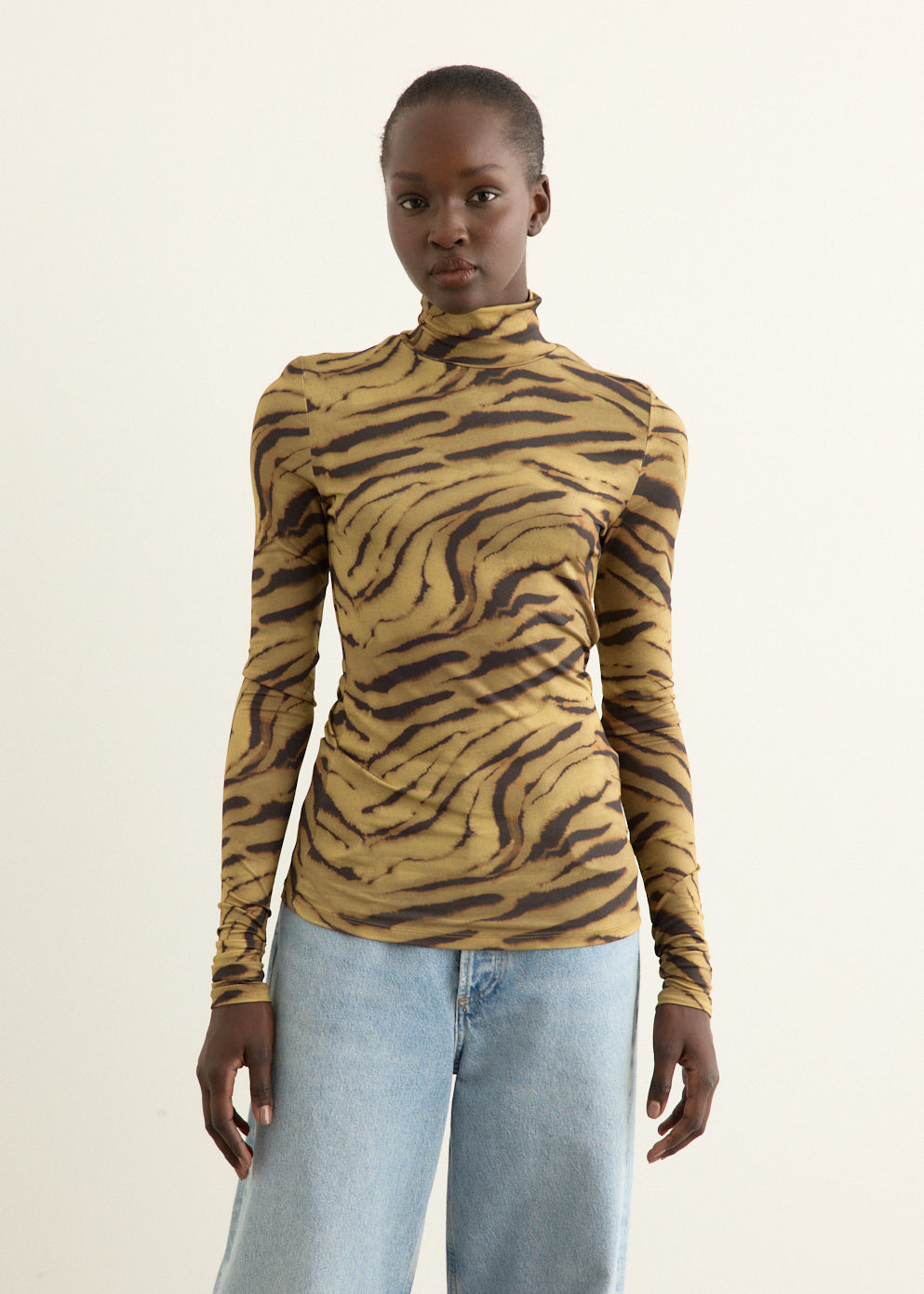 Printed Shiny Jersey Turtleneck Top