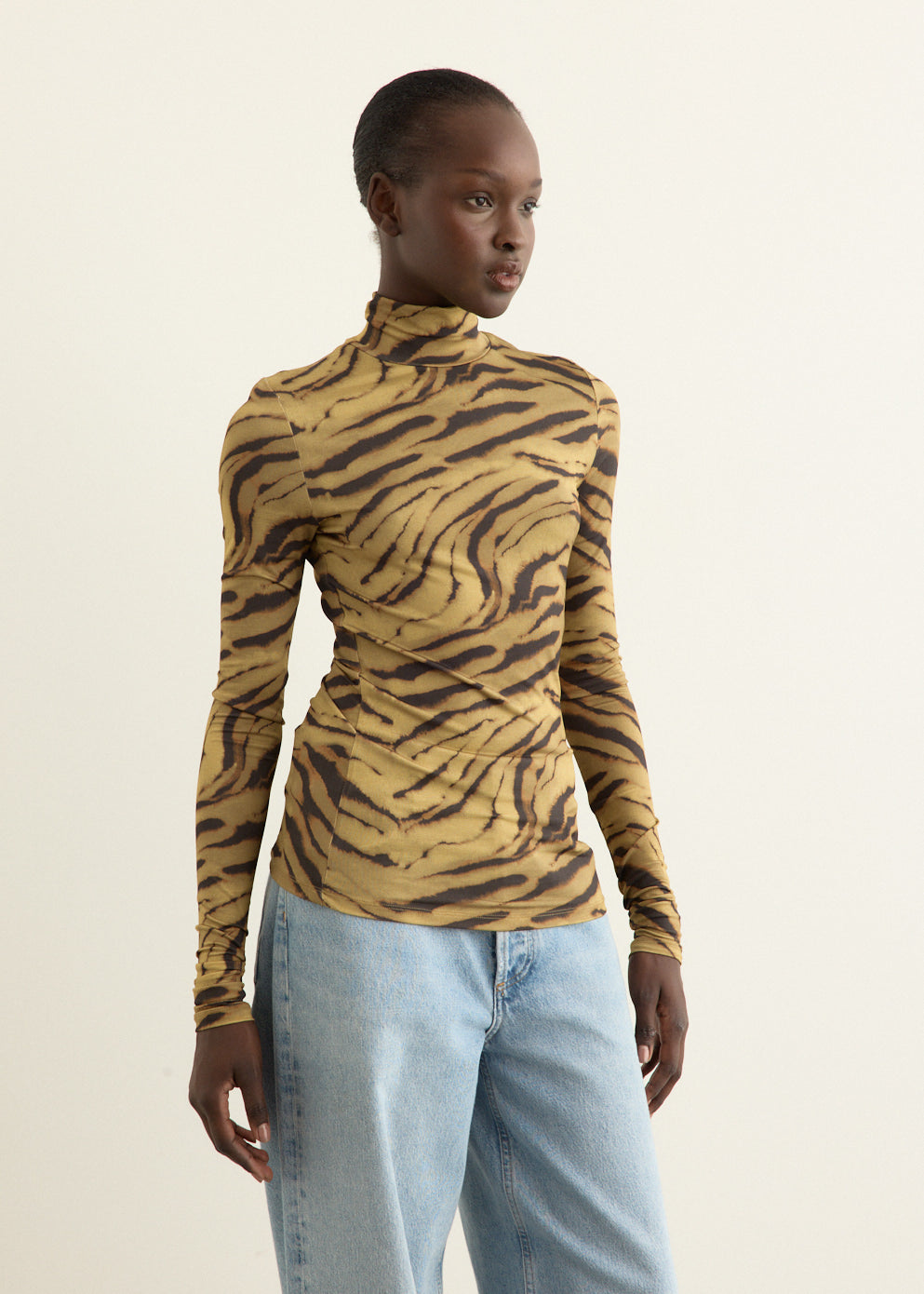 Printed Shiny Jersey Turtleneck Top