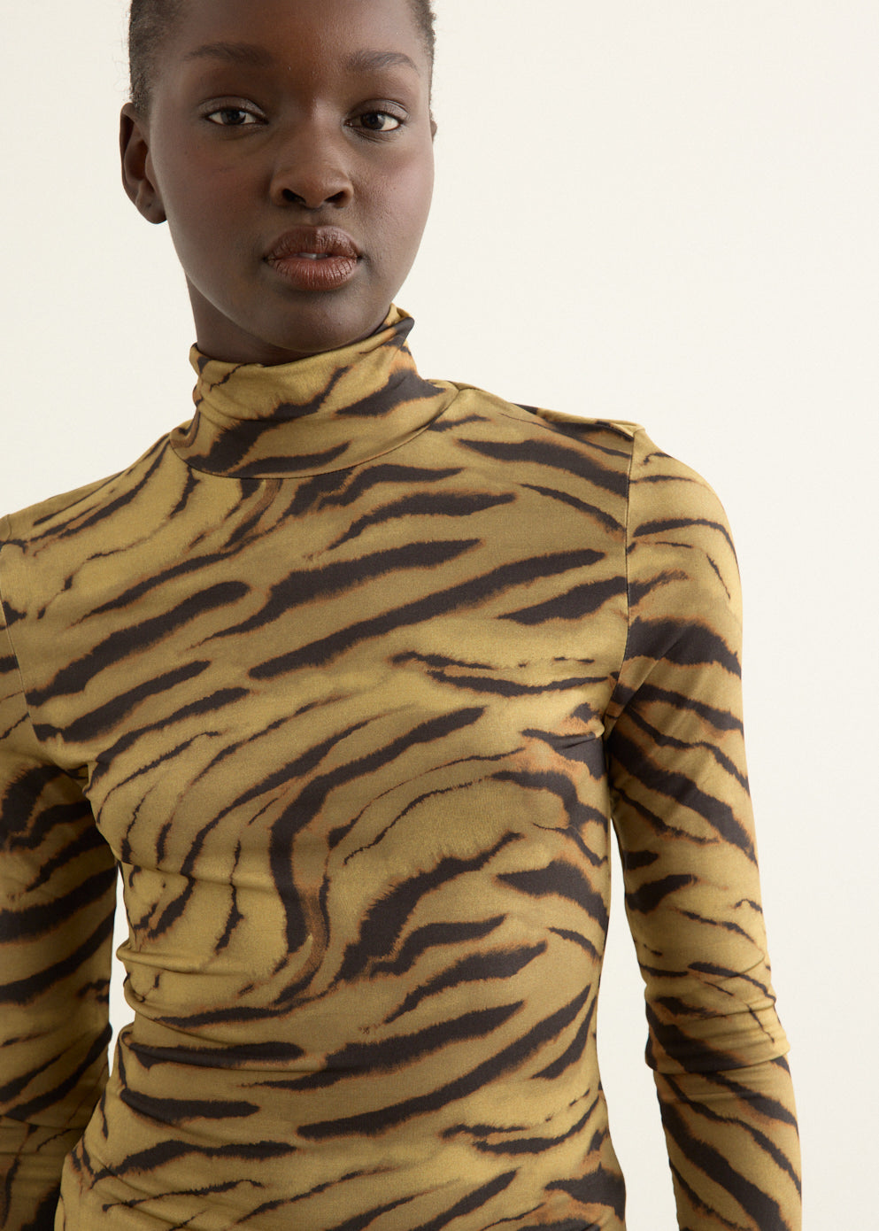 Printed Shiny Jersey Turtleneck Top