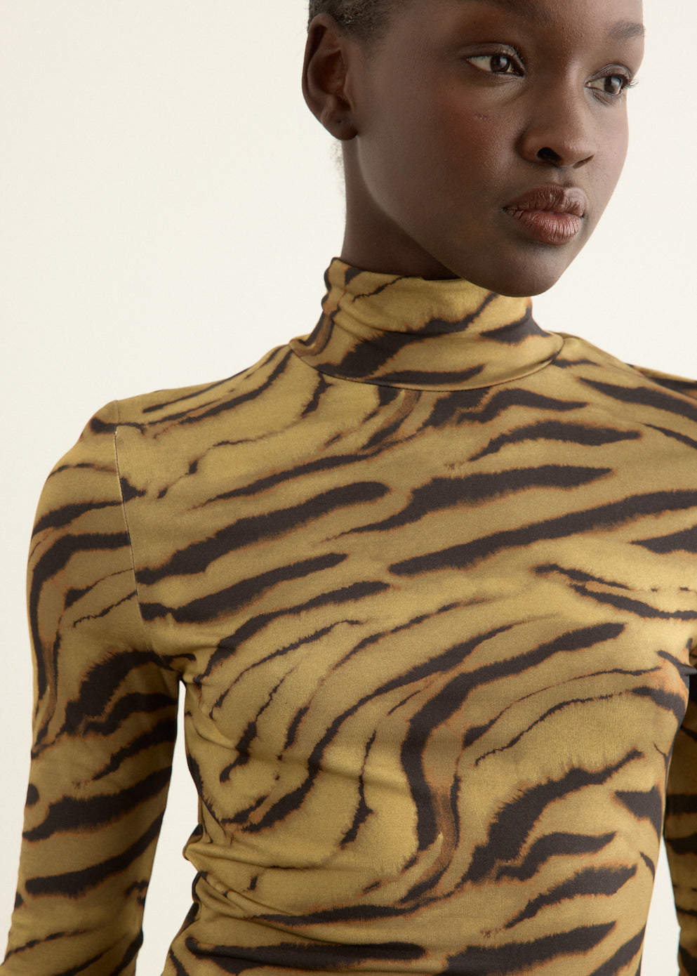 Printed Shiny Jersey Turtleneck Top