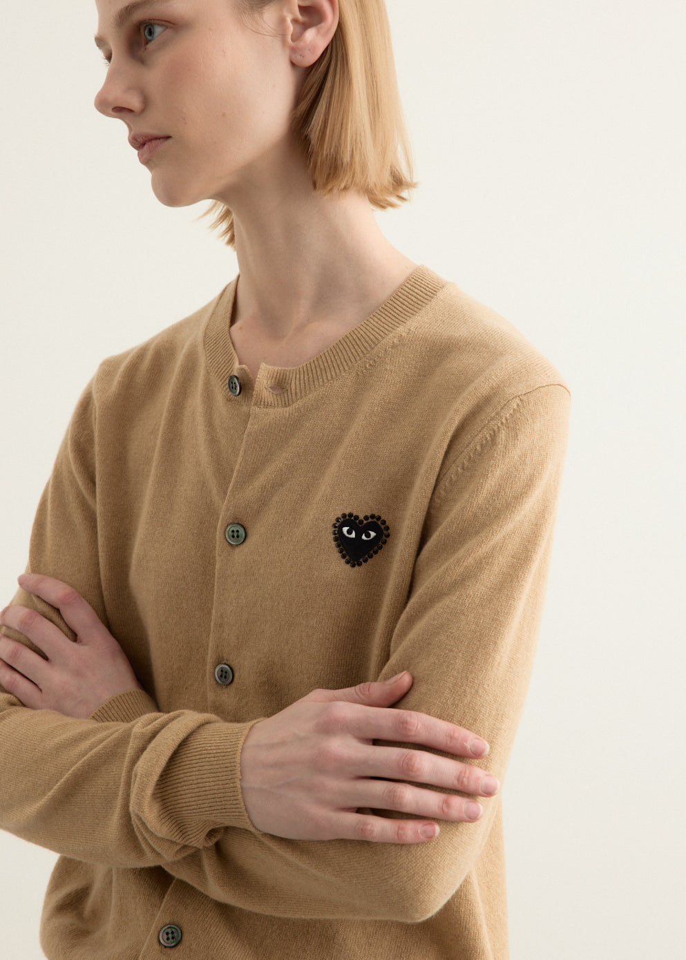 Rhinestone Heart Round Neck Cardigan