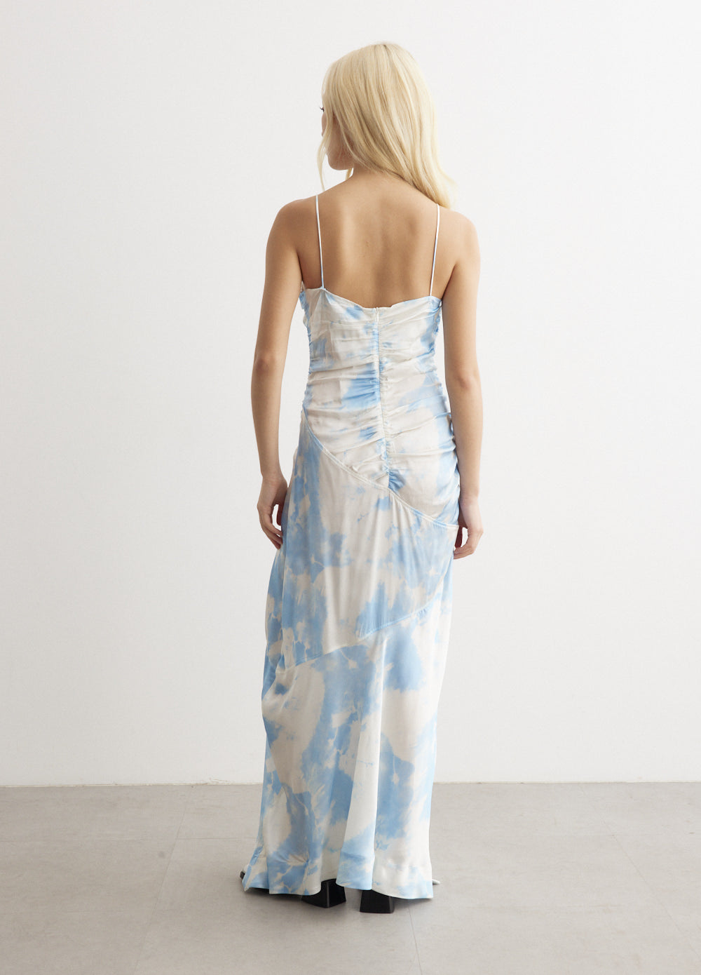 Printed Satin Ruched Long Slip Dress