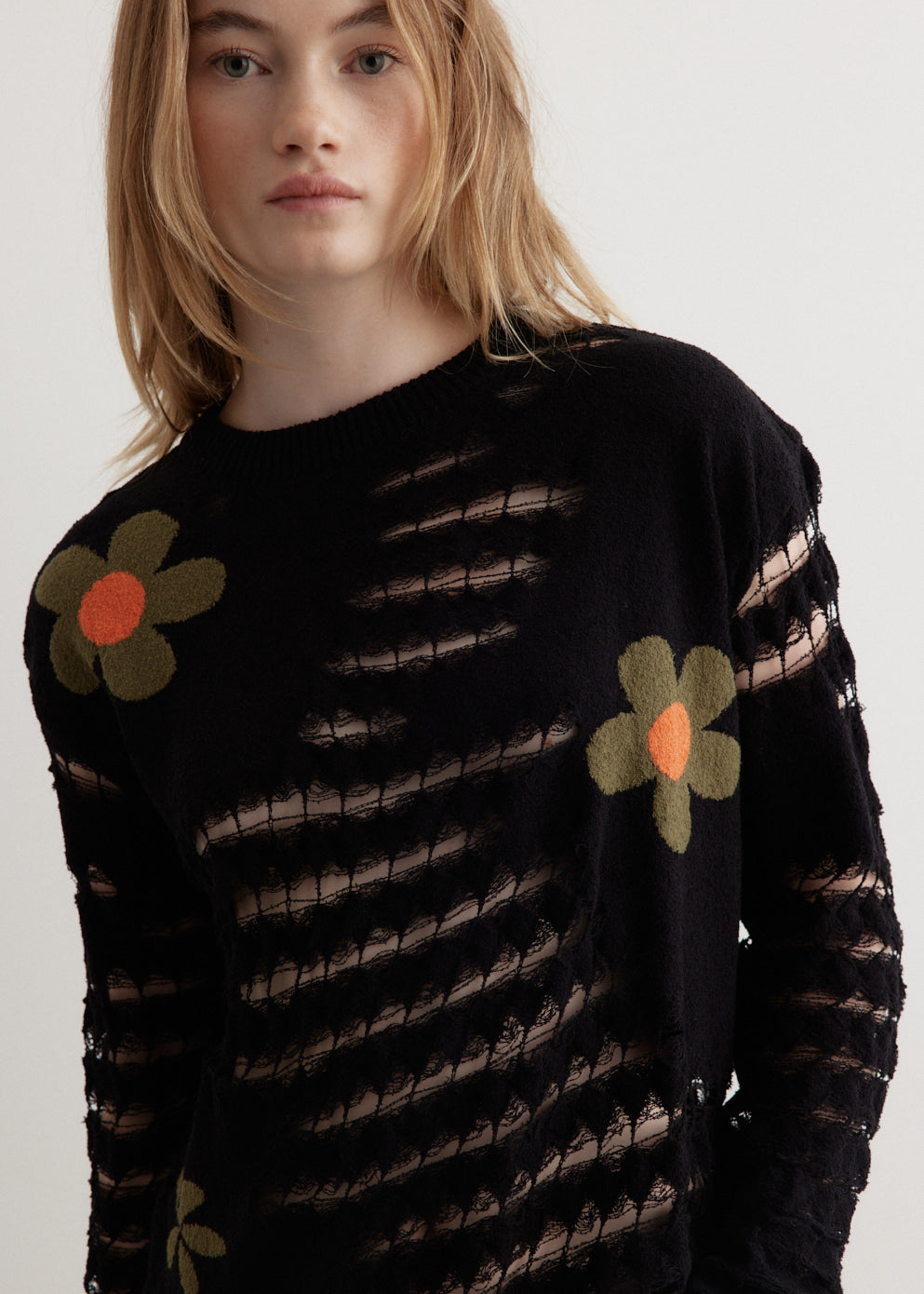Flower Sheer Crew-Neck Sweater