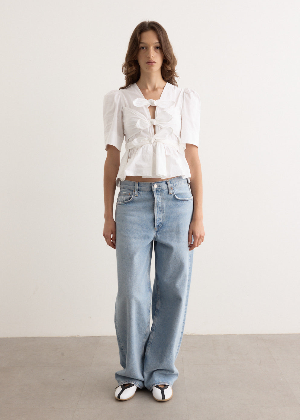 Washed Stretch Cotton Tie Strap Blouse