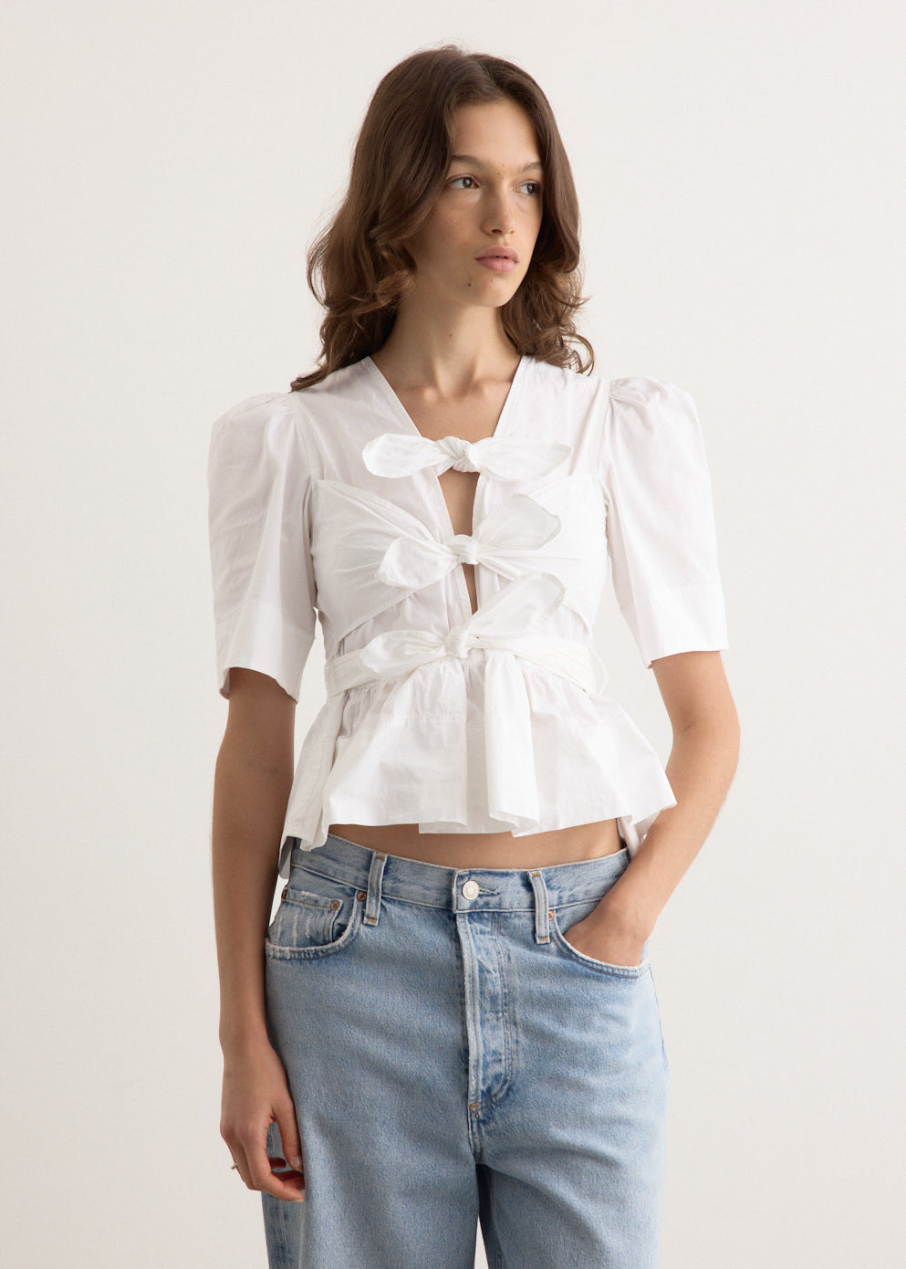 Washed Stretch Cotton Tie Strap Blouse