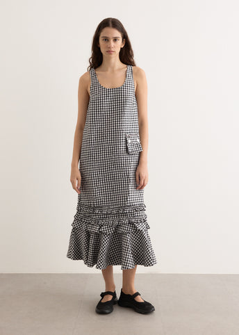 Crinkled Taffeta Check U-Neck Long Dress
