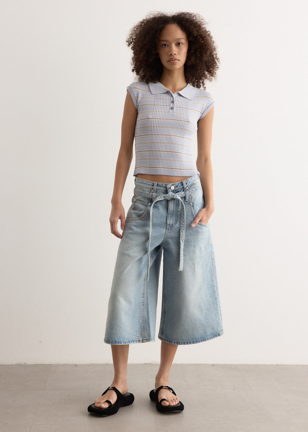 Stripe Pique Cap Sleeve Knit Top