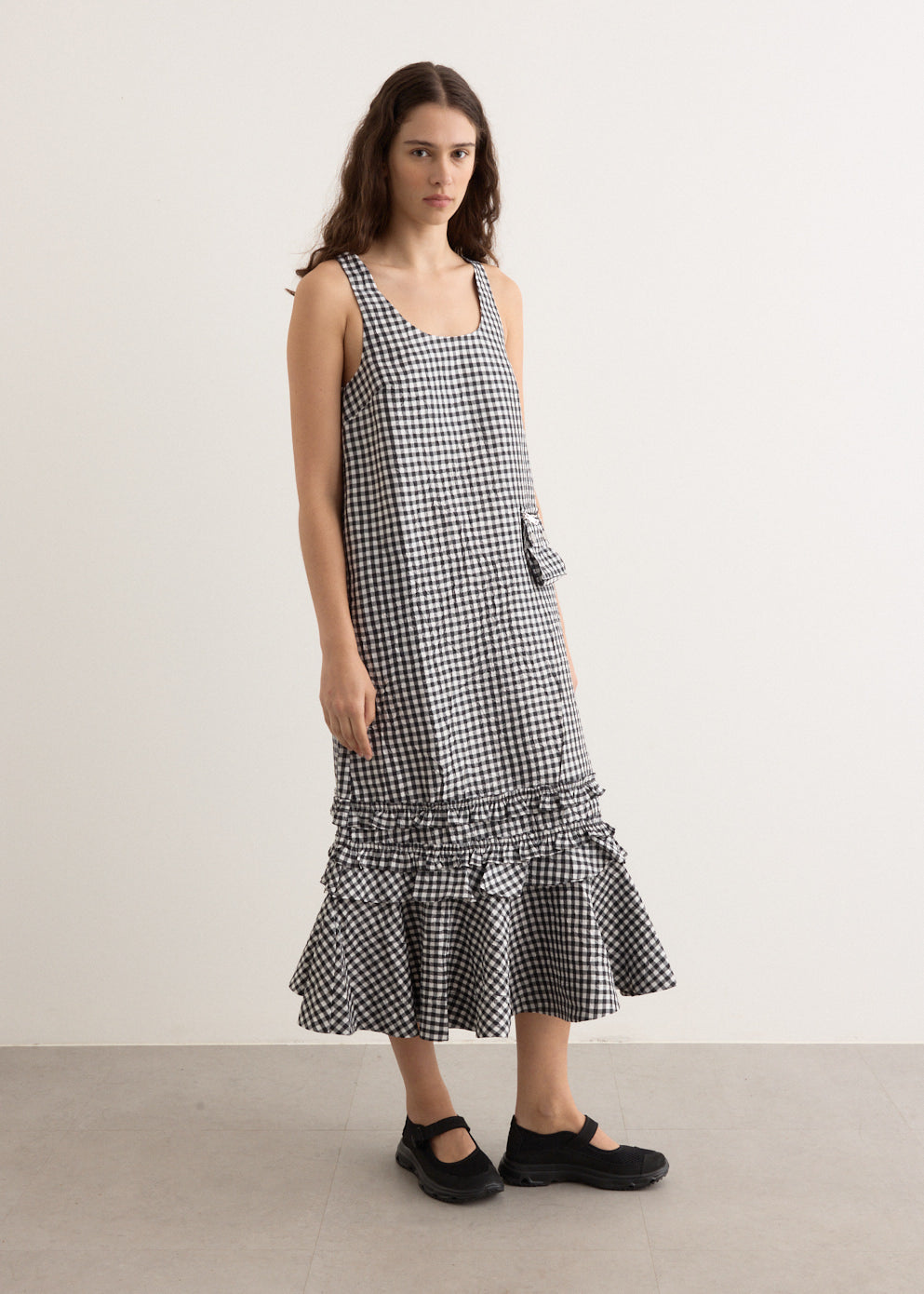 Crinkled Taffeta Check U-Neck Long Dress