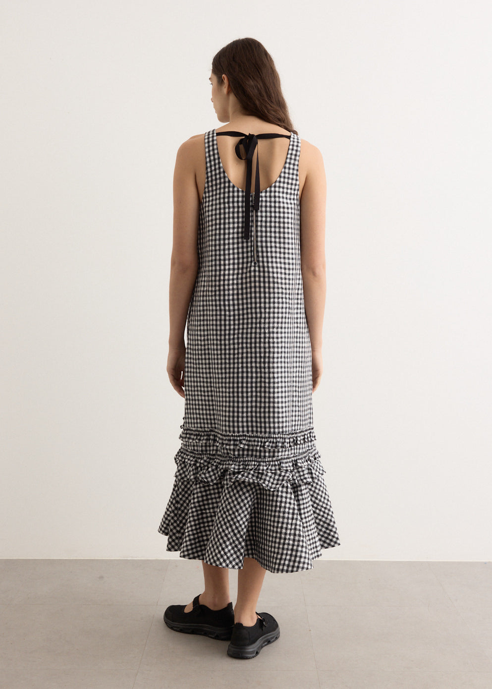 Crinkled Taffeta Check U-Neck Long Dress