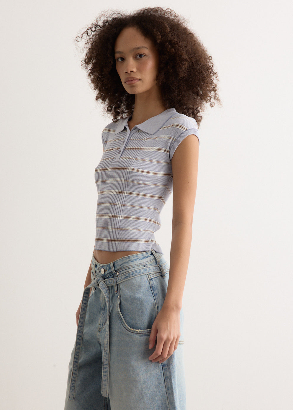 Stripe Pique Cap Sleeve Knit Top