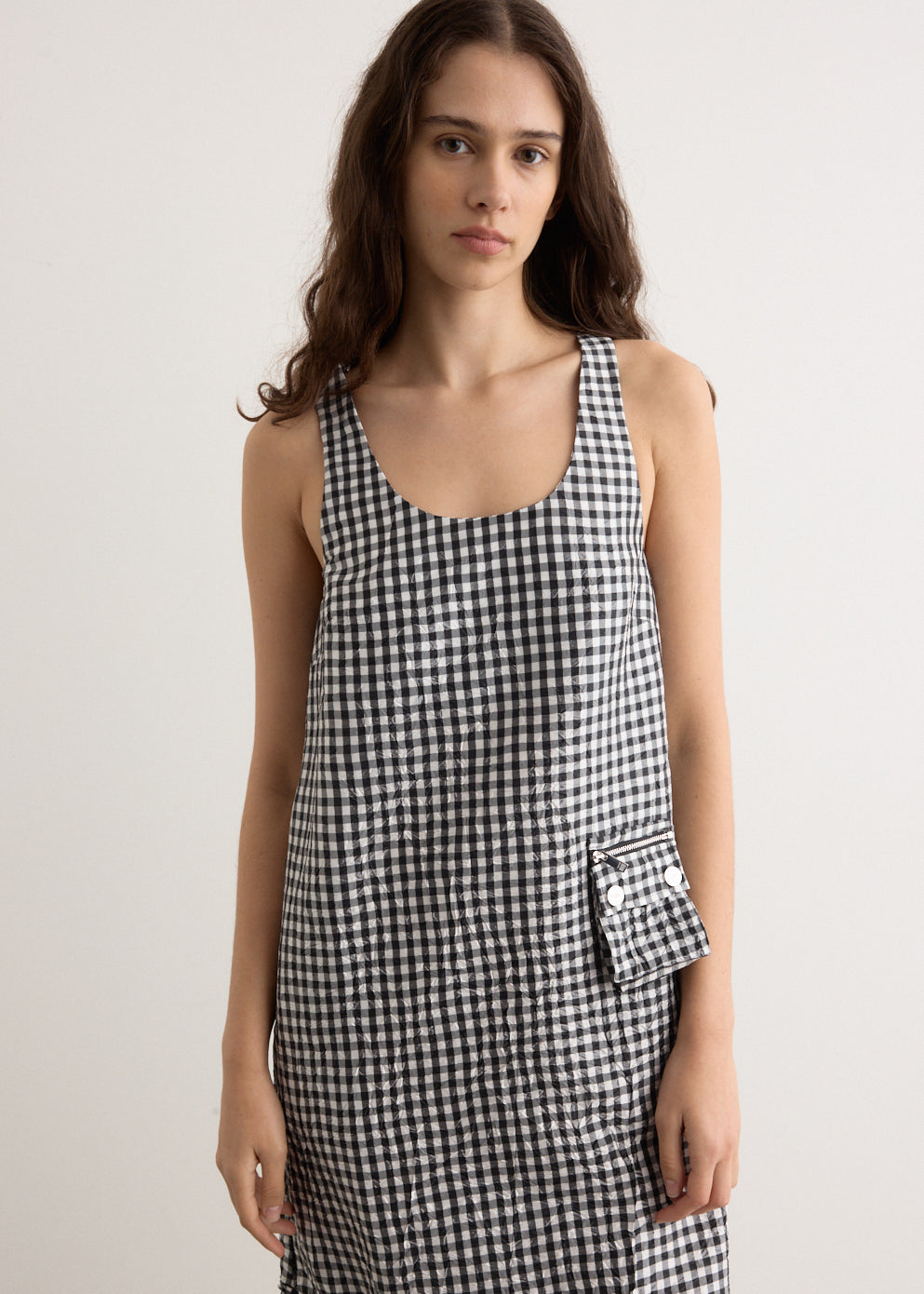 Crinkled Taffeta Check U-Neck Long Dress