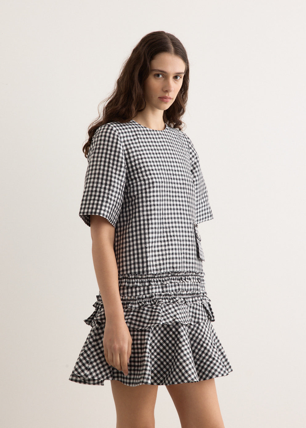 ワンピース Ganni FW25 'Crinkled Check Mini' dress (W0464 099) Black Crinkled Check Mini Dress | GANNI US