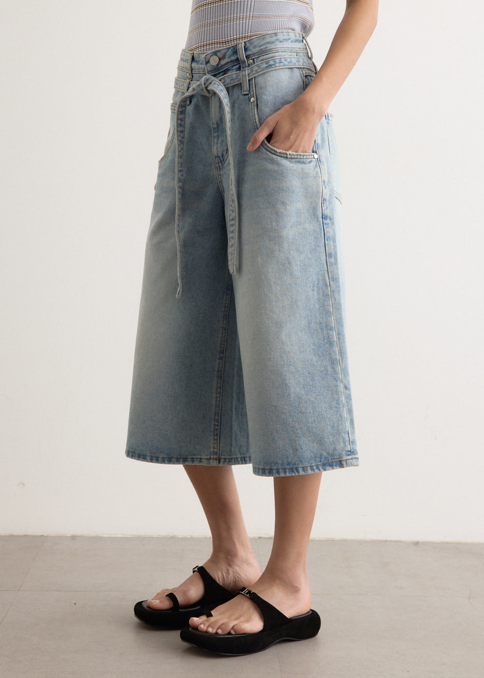 Belted Denim Bermuda Pants