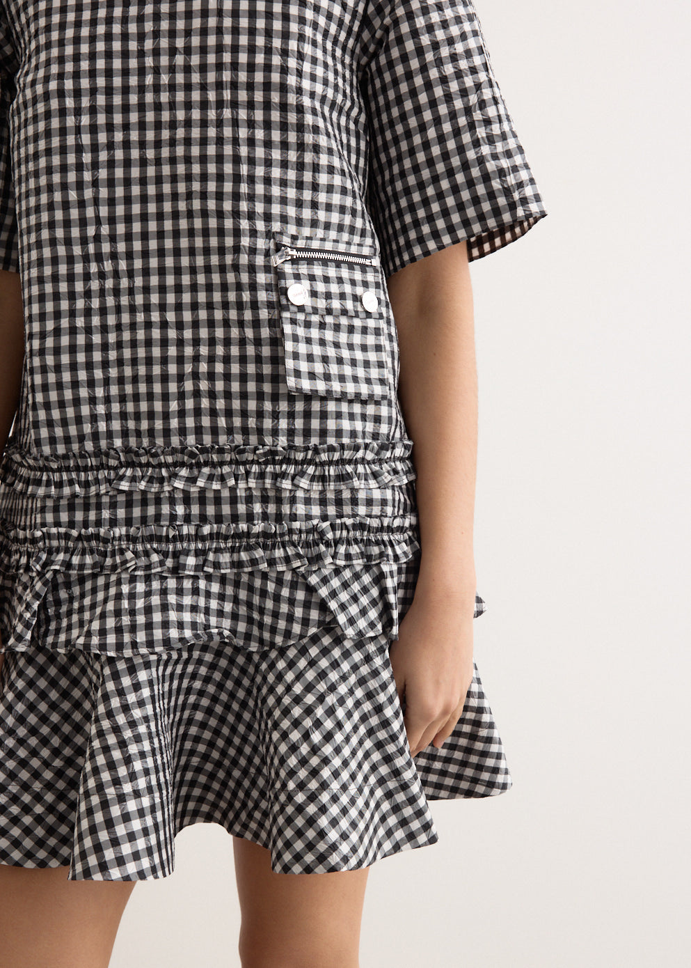 Ganni ■Crinkled Taffeta Check Open Back Mini Dress - Black Crinkled Taffeta Check Open Back Mini Dress Black - GANNI