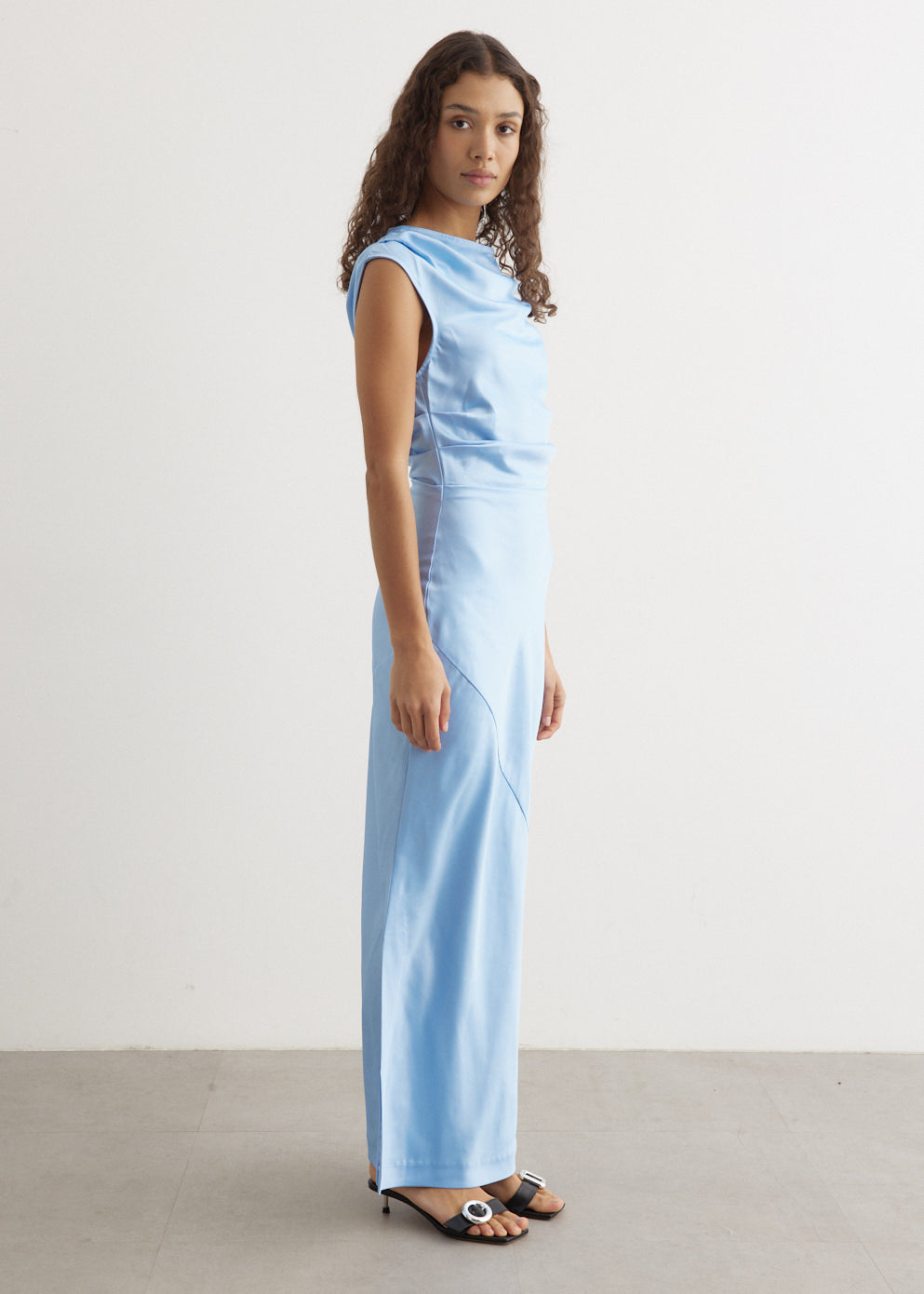 【COYSEIO】 RINA DRESS BABY BLUE Elegant Satin Beads Flower Girl Dress Blue with Bow Knee