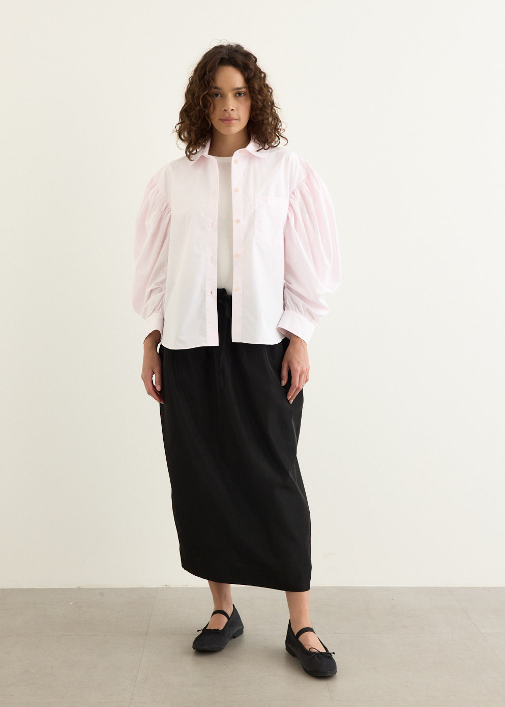 Boxy Draped Sleeve Round Collar Shirt