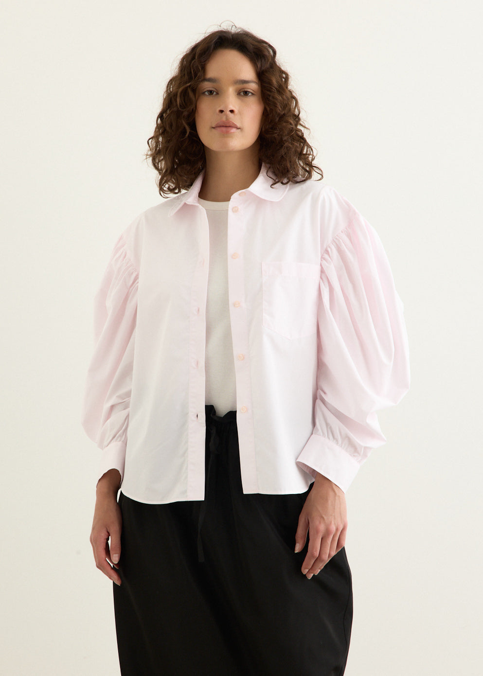 Boxy Draped Sleeve Round Collar Shirt