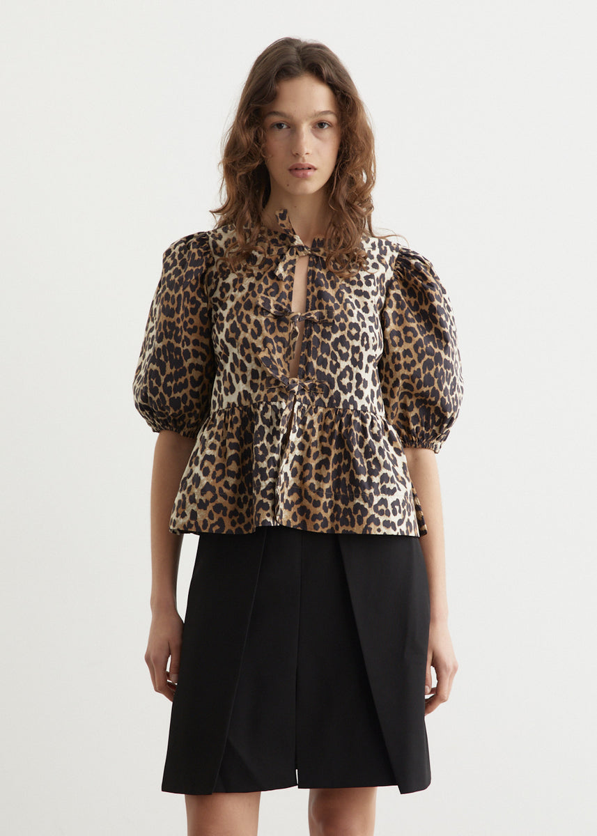 ★Leopard Cotton Poplin Peplum Blouse★ Leopard Leopard Cotton Poplin Peplum Tie Blouse | GANNI US