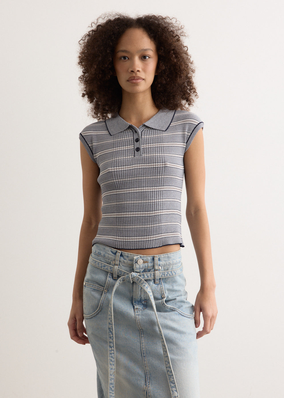 Stripe Pique Cap Sleeve Knit Top
