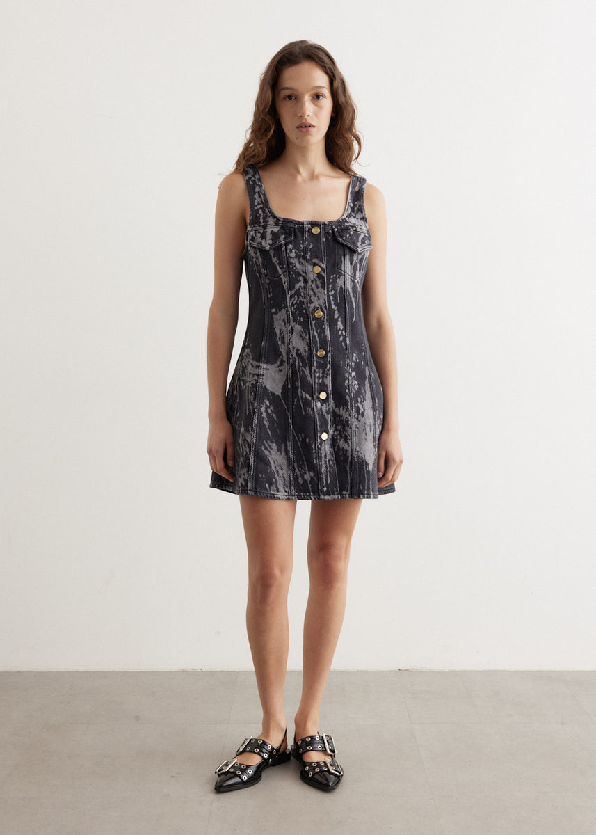 washed black heavy denim mini dress So Delighted Washed Black Denim Corset Seam Mini Dress