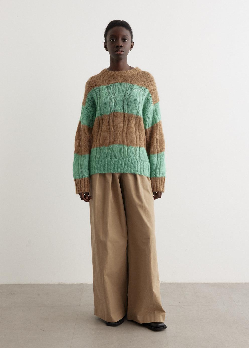 Mohair Striped Cable O-Neck Sweater