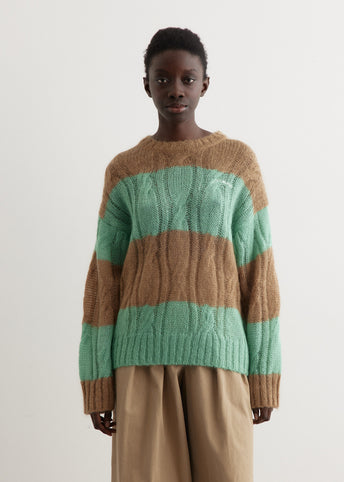 Mohair Striped Cable O-Neck Sweater