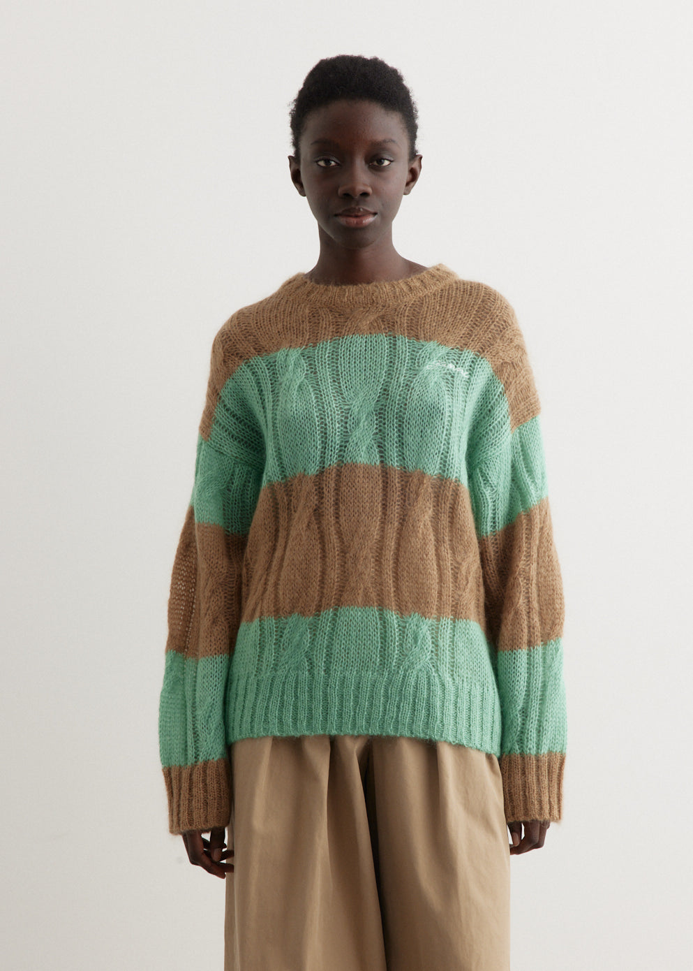 Mohair Striped Cable O-Neck Sweater