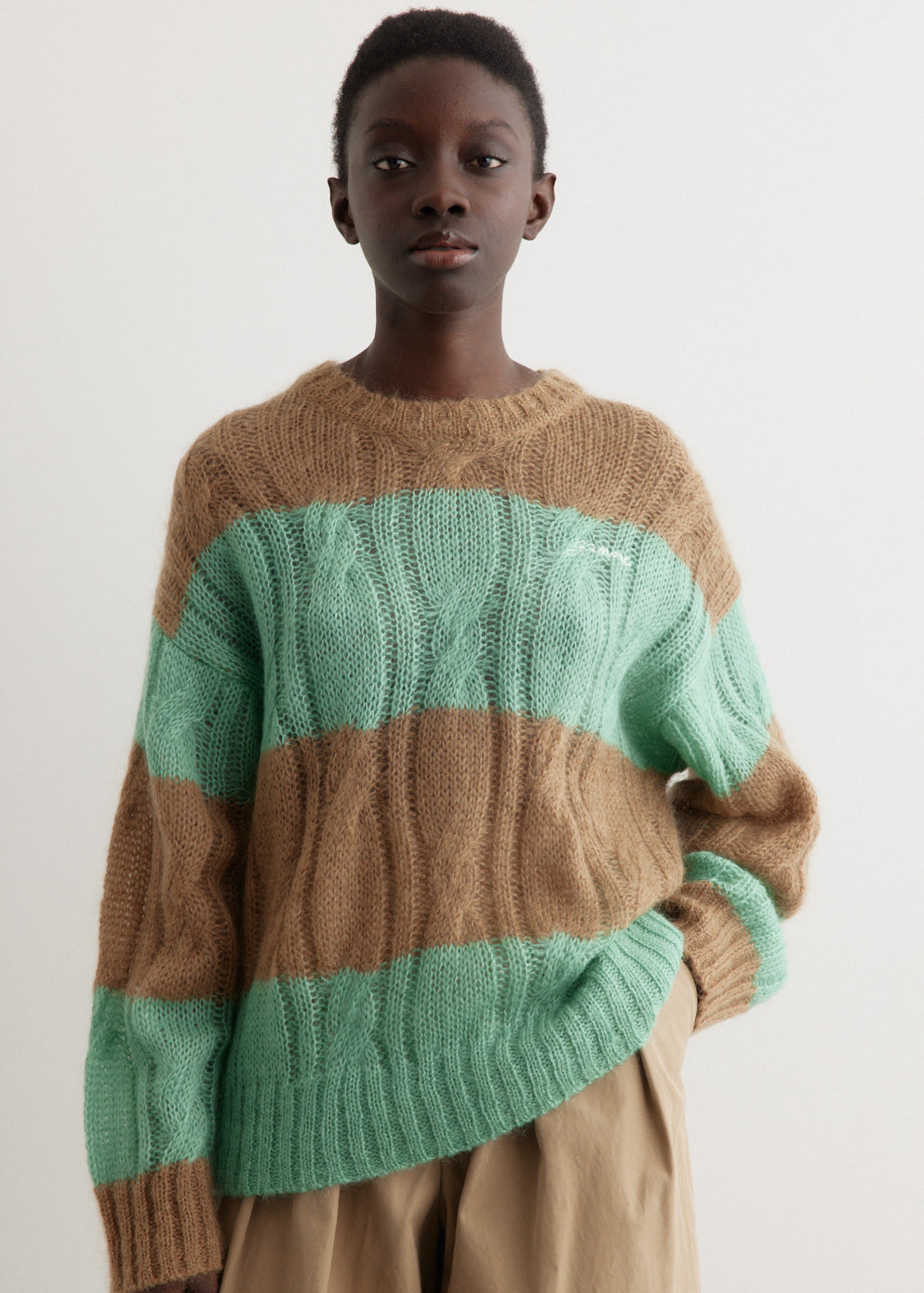 Mohair Striped Cable O-Neck Sweater
