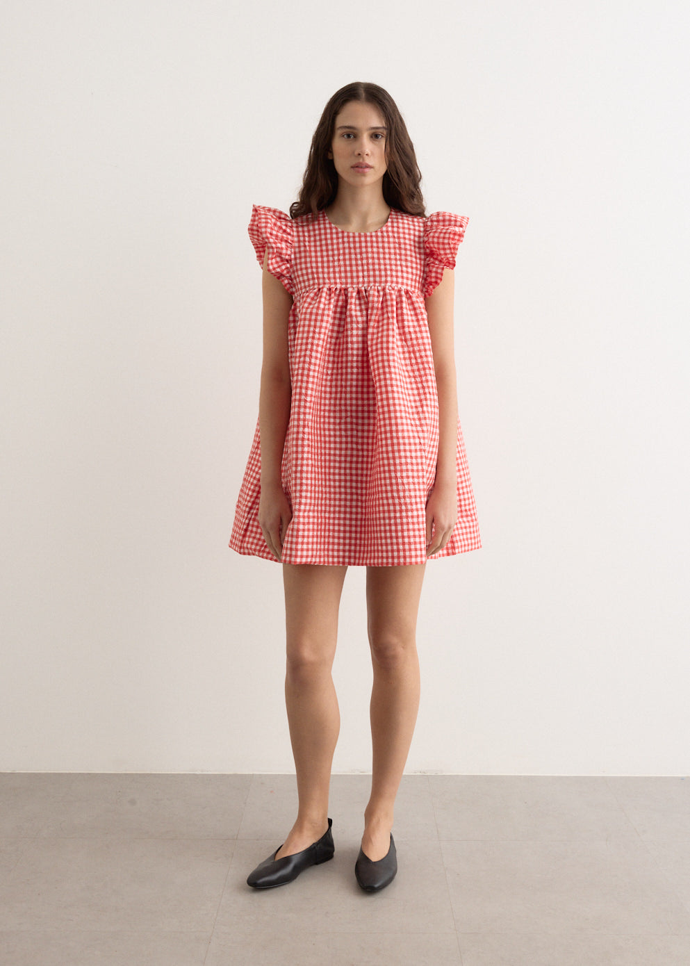 Crinkled Taffeta Check Frill Mini Dress