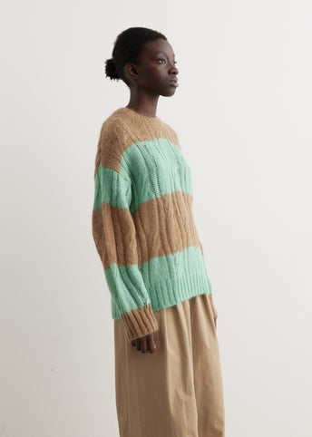 Mohair Striped Cable O-Neck Sweater