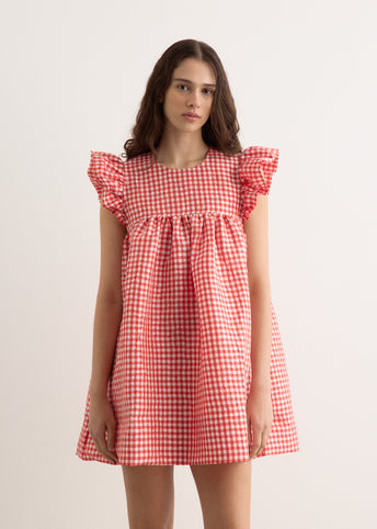 Ganni ■Crinkled Taffeta Check Frill Mini Dress - Red Crinkled Taffeta Check Frill Mini Dress Red Alert | Carma
