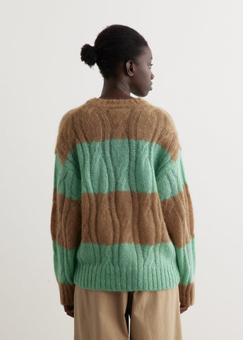 Mohair Striped Cable O-Neck Sweater