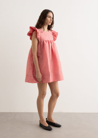 Crinkled Taffeta Check Frill Mini Dress