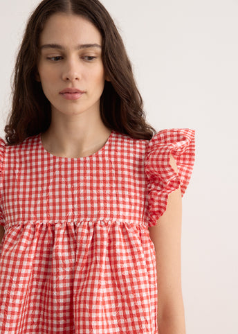 Crinkled Taffeta Check Frill Mini Dress