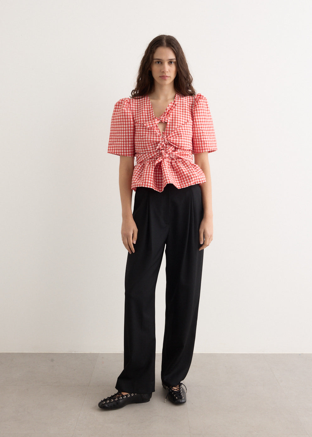 Crinkled Taffeta Check Tie Strap Blouse